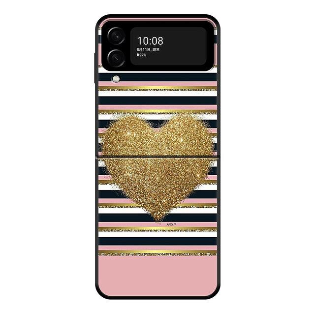 For Samsung Galaxy Zflip Z Flip3 5g Flip Zflip3 Phone Case Black Cases Hard Pc Rose Pink Pattern Bling