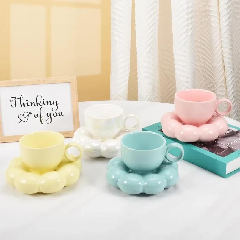 Ceramic Cloud Coffee Mug Sets Creative Flowers Saucer Mug Exquisite Office Afternoon Tea Cups Kitchen Drinkware Home Accessories