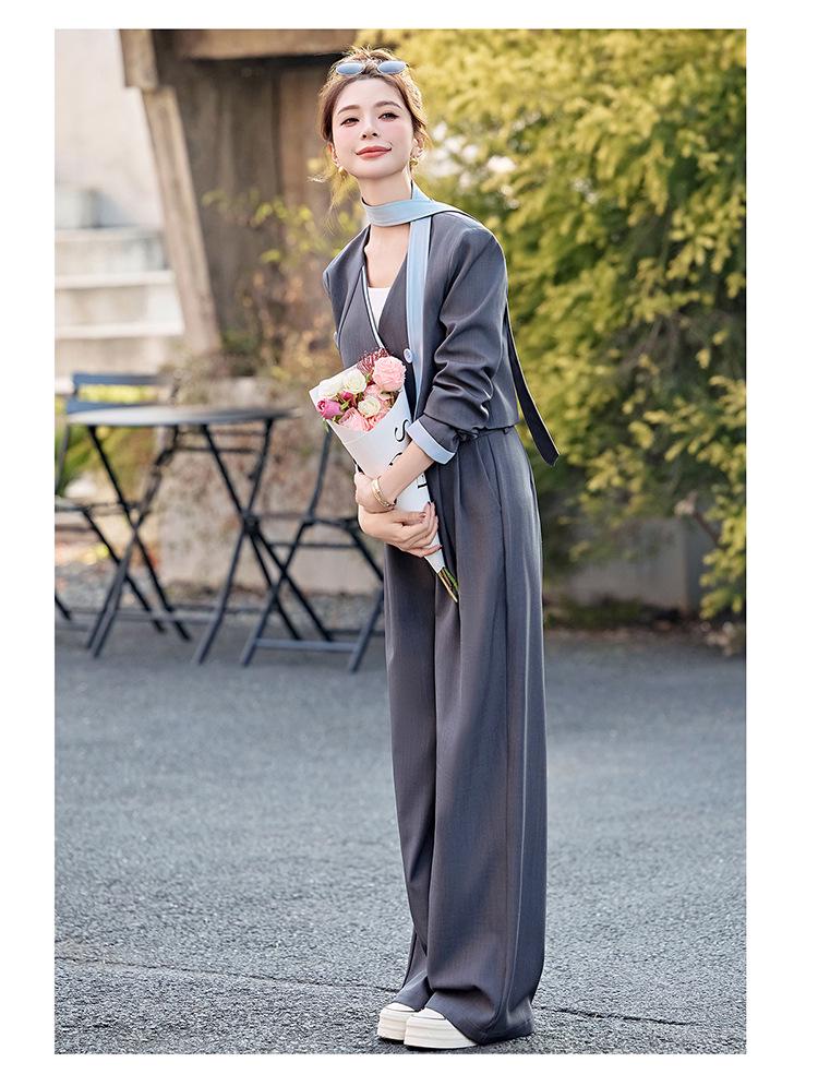 Stylish Spring 2025 Women's Patchwork V-neck Jacket & Wide-leg Pants Two-piece Set