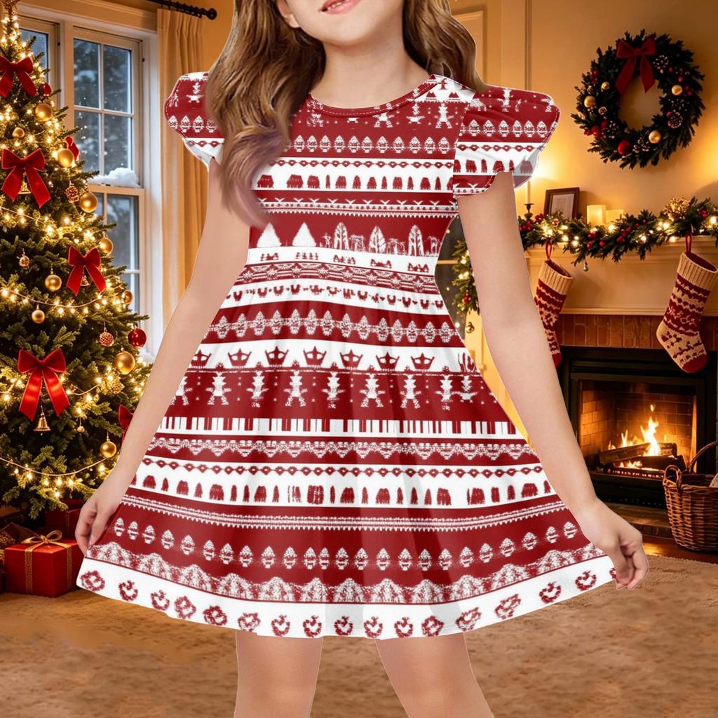 Girls Christmas Print Sleeve Dress for Casual Holiday Party and Everyday Wear