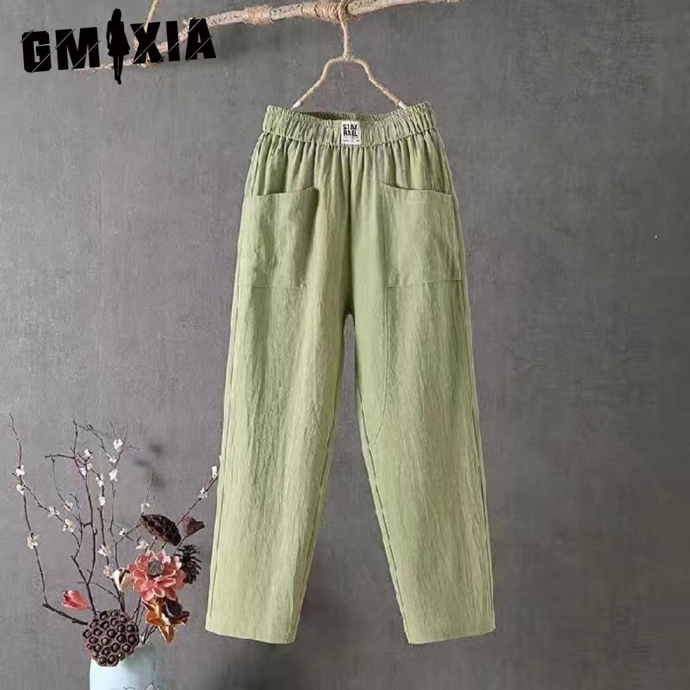 

GMXIA Летние женские брюки Повседневные хлопково-льняные брюки Свободные прямые брюки Брюки гаремы длиной девять точек XXXXXL зелёный
