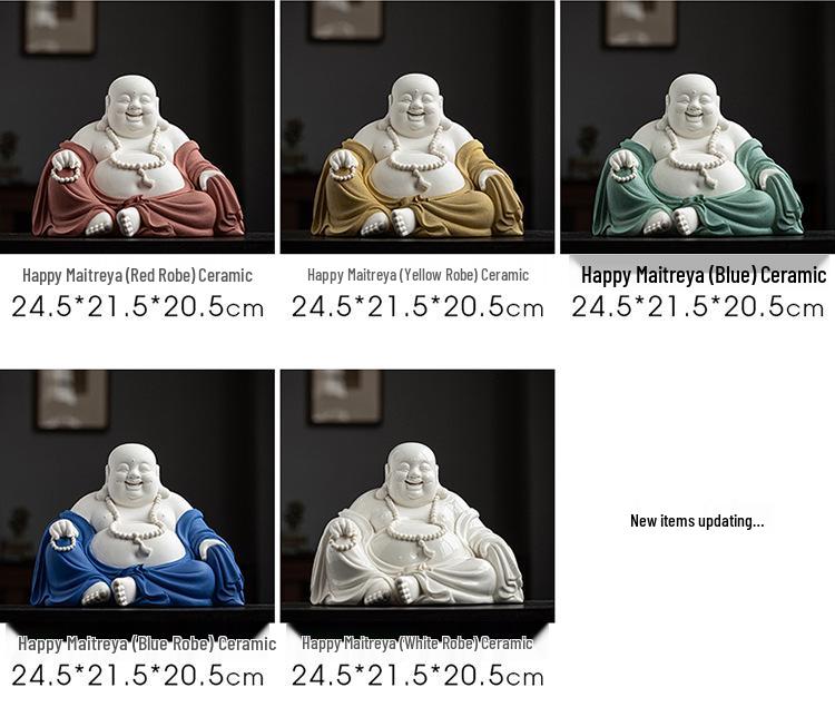 Ručně vyráběná keramická figurka Buddhy Maitréji s velkým břichem: Šťastný smějící se Buddha pro bohatství a domácí dekoraci