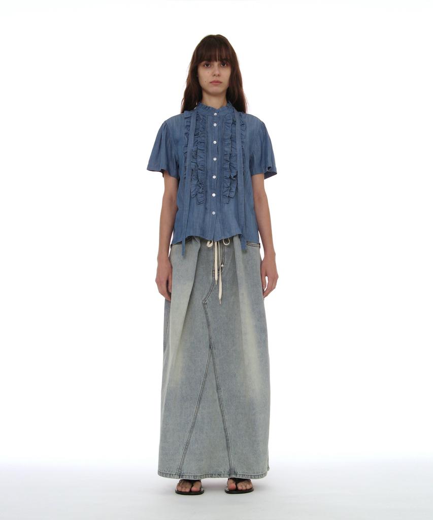 PARTIMENTO WOMEN Scarf Ruffle Pintuck Blouse_Denim