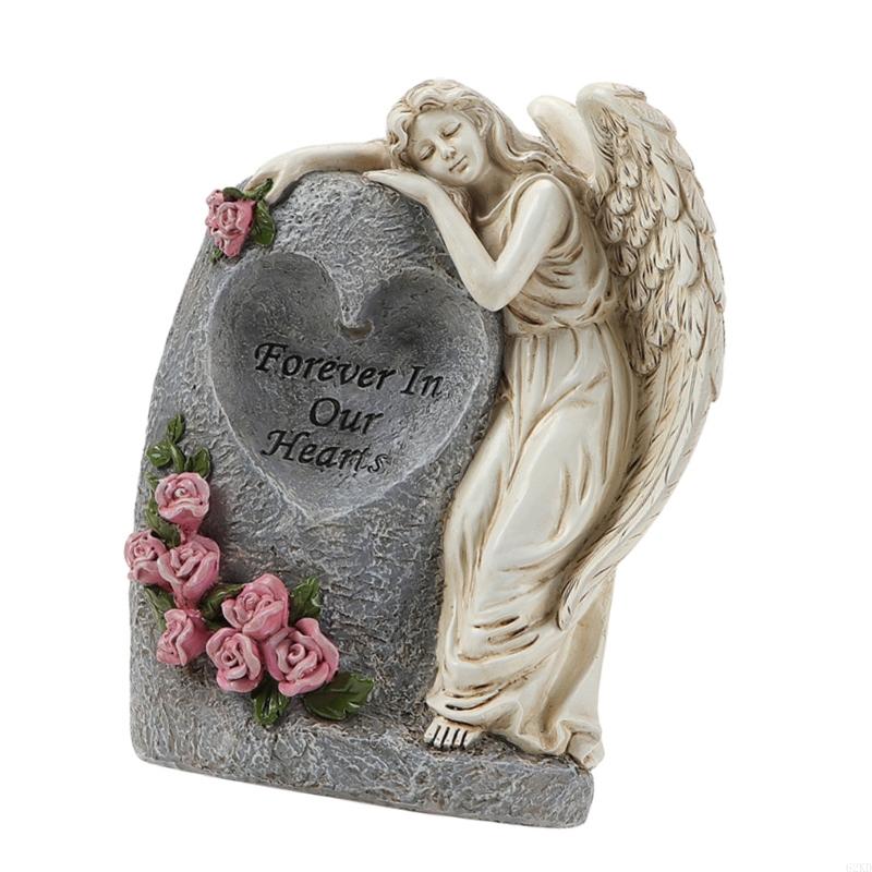 62KD Solarbetriebene Engelskulptur Gedenkvase Wetterfeste Harze Grabdekoration für Friedhofsgarten Außenbereich