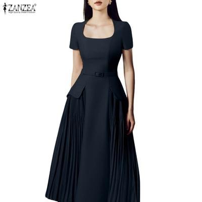 Women Square Collar Casual Short Sleeve Elegant Long Dress