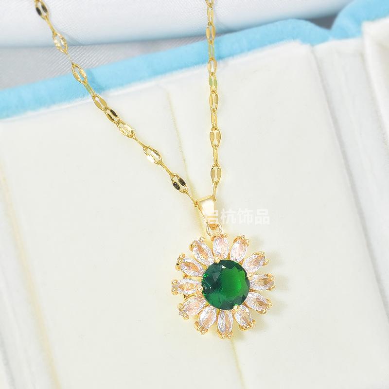 Emerald Sunflower Necklace Women'S Premium Light Luxury Temperament Zircon Pendant Clavicle Chain