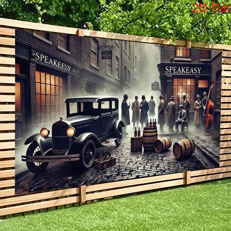2D Speakeasy Bar Backdrop, Retro 1920s Gangster Car & Whiskey Barrel Background for Party Decor