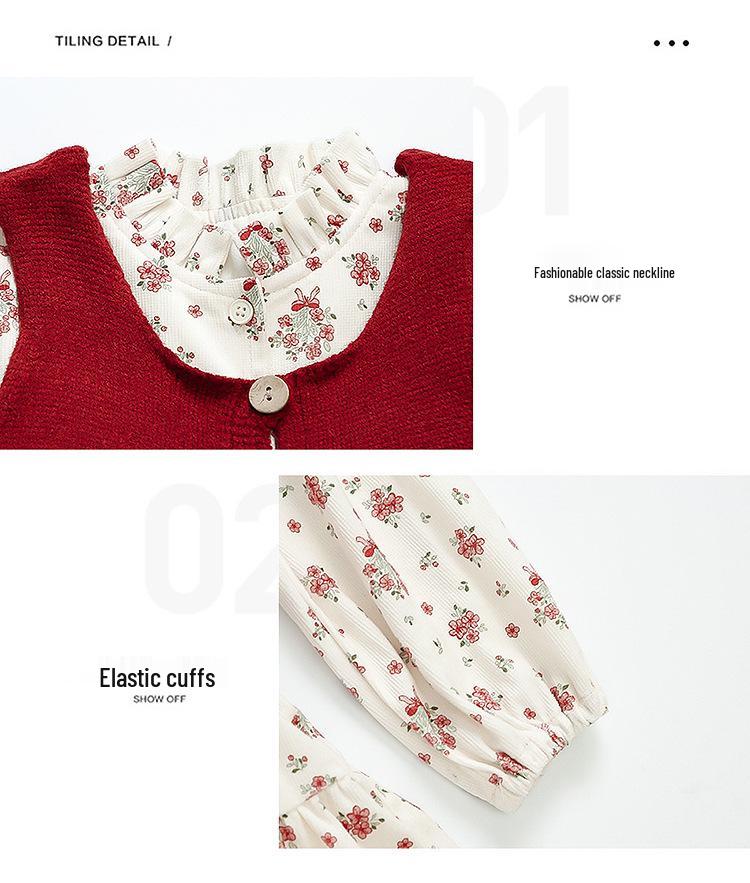 2025 Autumn Floral Dress & Sweater Vest Set for Girls – Fashionable Princess Outfit