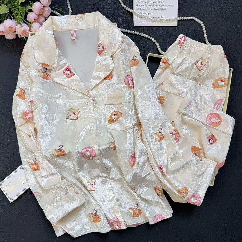 

2025 Женская пижама из золотого вельвета с мультяшным пончиком, с длинным рукавом и брюками - Уютная домашняя одежда или одежда для улицы Extra Large бежевый