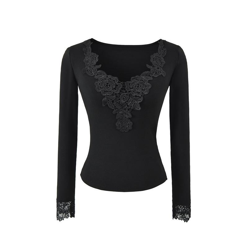 

Elegant Lace Jacquard V-Neck Slim Fit Long Sleeve T-Shirt for Women - Korean Style Innerwear Large чорний
