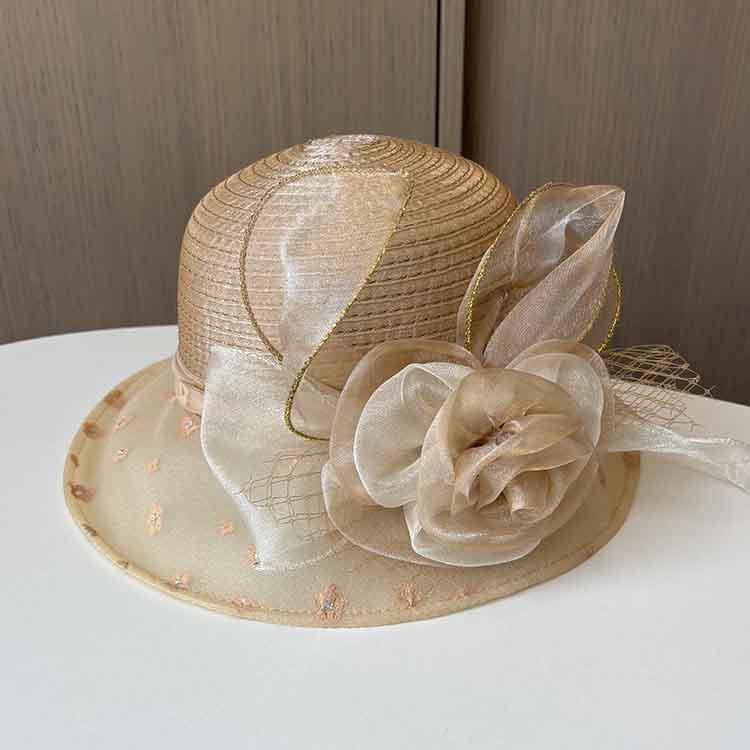 European and American retro organza small edge basin hat fashionable two-color flower mesh sun hat summer beach sun protection hat
