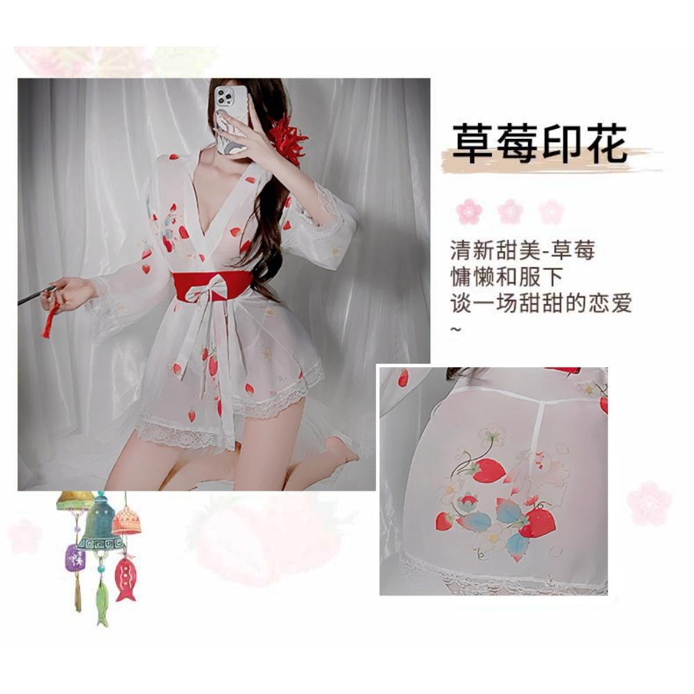 Sexy Lingerie Pure Desire Thin Perspective Strawberry Kimono Seduction Hot Pajamas Bed Passion Uniform Set