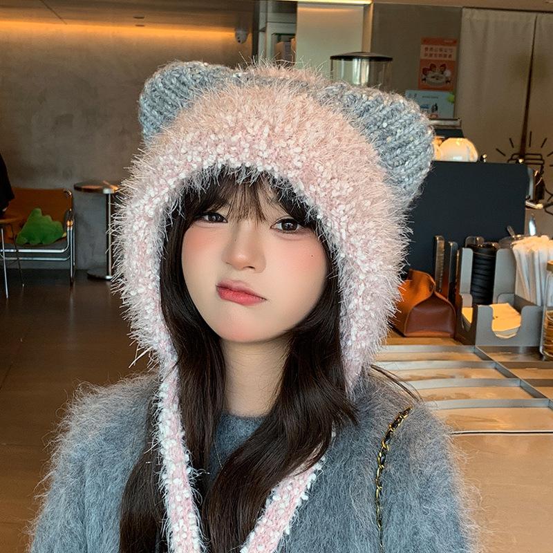 Plush Cute Cat Ear Hat Women's Winter Warm Ear Protection Pullover Hat Showing Face Small Versatile Fashion Knitted Wool Hat