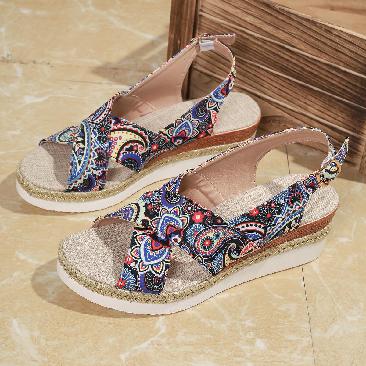 

Новые модные сандалии на плетеной платформе большого размера с цветным принтом, сандалии женские на танкетке 43 синий
