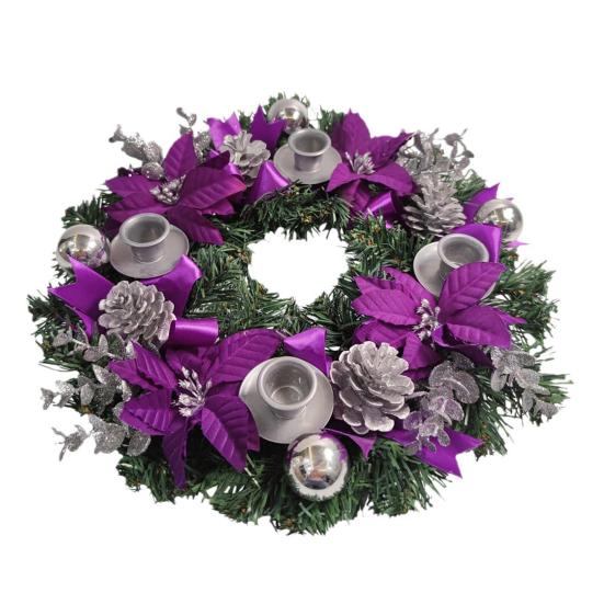 13" Purple Ribbon Christmas Advent Wreath 4 Advent Candles Holder Christmas Centerpiece with Bow Artificial Pine Cones for Winter Holiday Church Decor