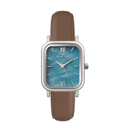 [RUMTTON] RUMTTON Harbor Blue Mother-of-Pearl Brown Band Leather Wristwatch Silver __