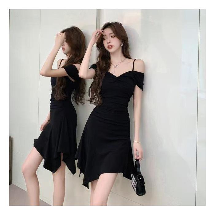 

French sexy Hepburn style little black dress slip temperament slim slim design sense irregular short dress for women S чёрный