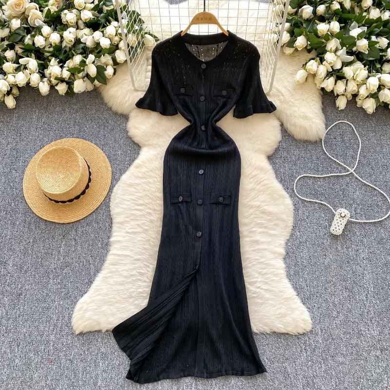 Simple Knitted Dress for Women's Summer Single-breasted Hollowed-out Slimming and Shaping Dress