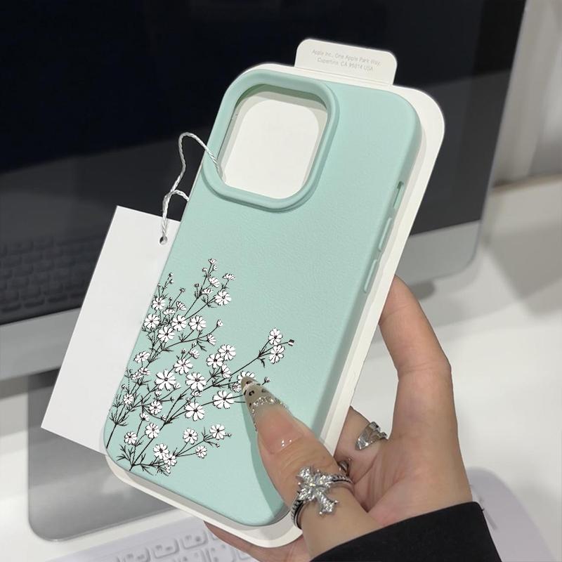 Matte, schlanke Handyhülle mit kleinem weißen Blumendruck für iPhone 16 Pro 15 Pro Max 14 13 12 11, TPU-Ledertextur, weiche, stoßfeste Stoßstangenabdeckung