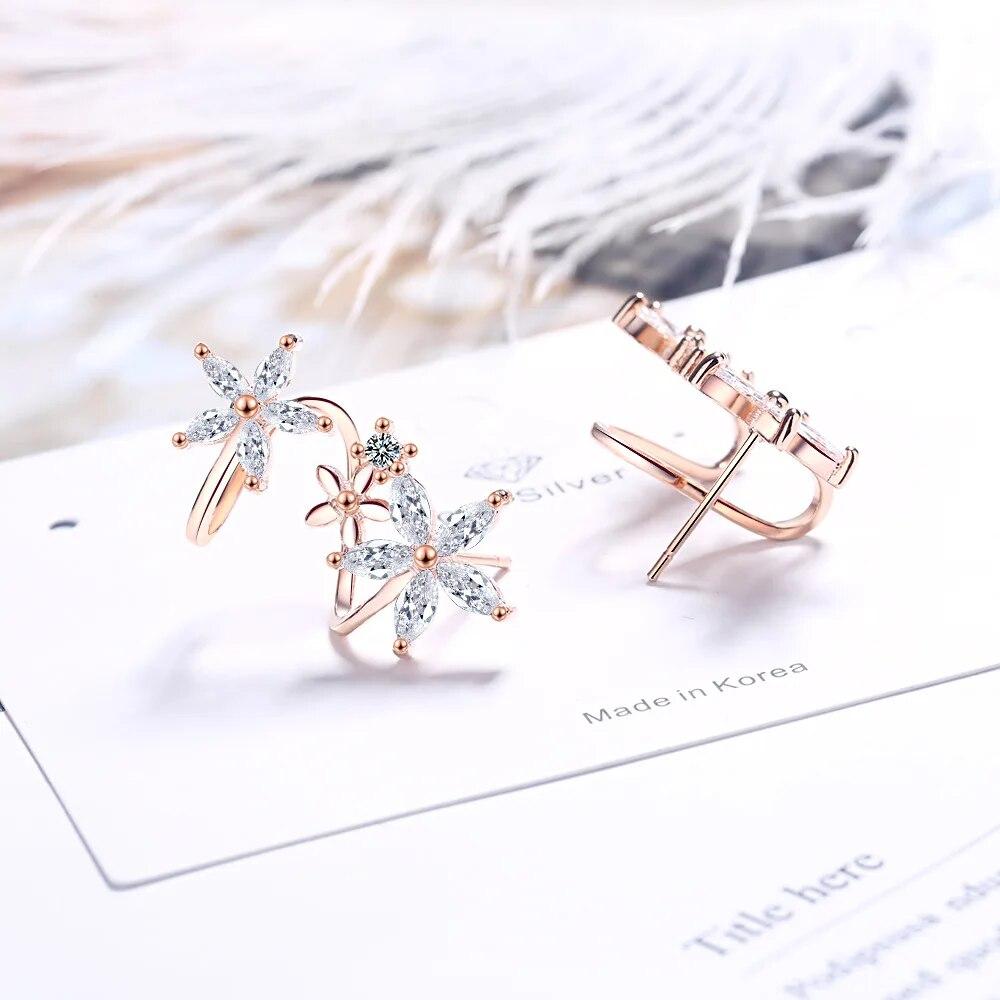 ANENJERY Shiny Earring Flower Curved Clip-on Earrings For Women Crystal Zircon Clip Earrings New Fashion Sweet Jewelry