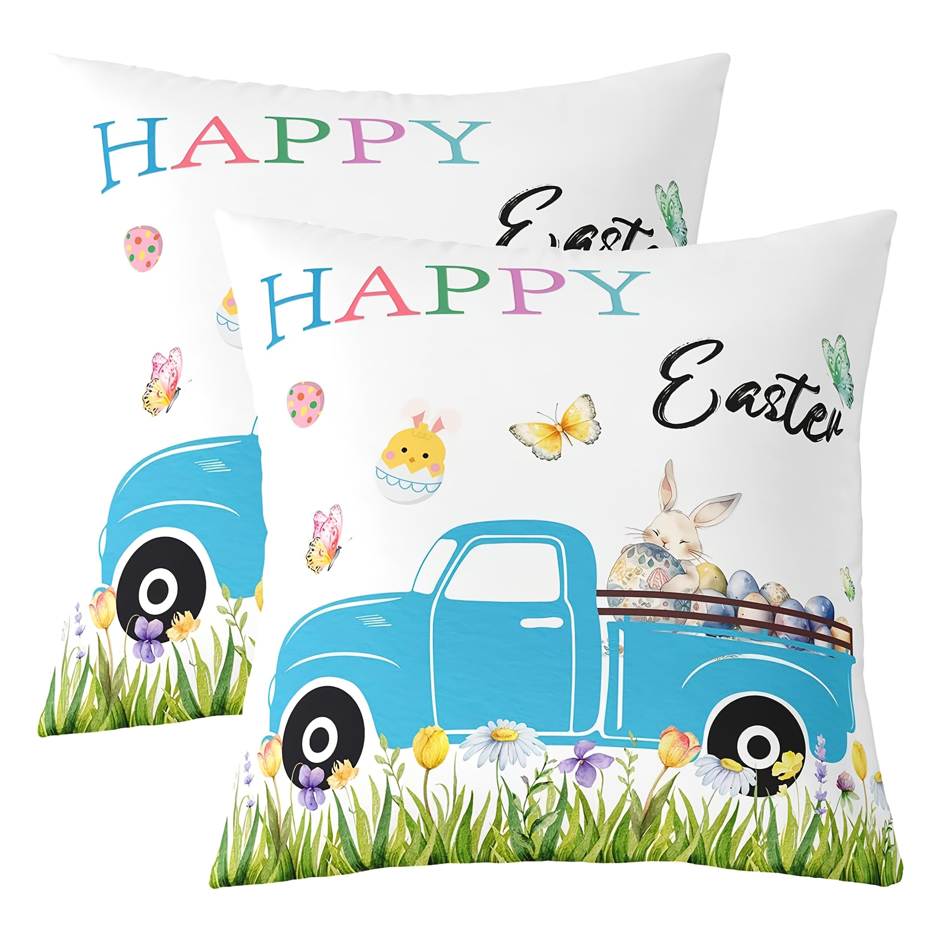 2 Pieces Easter Cartoon Truck Pillowcase - Happy Easter design with bunny butterfly and egg 40x40cm16x16inch 709₽