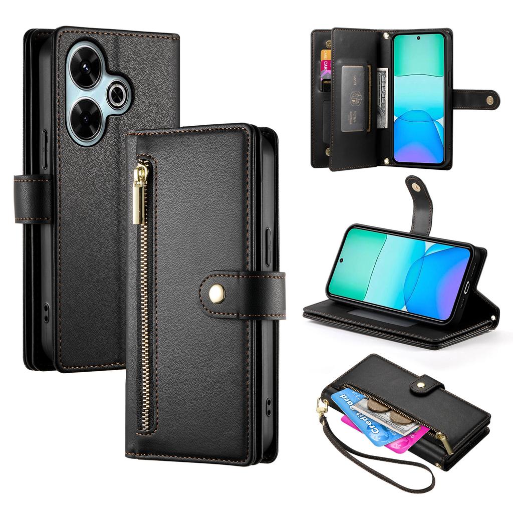DF-011 For Xiaomi Redmi 13 4G/13 5G Case Zipper Pocket Wallet Leather Phone Cover with Straps