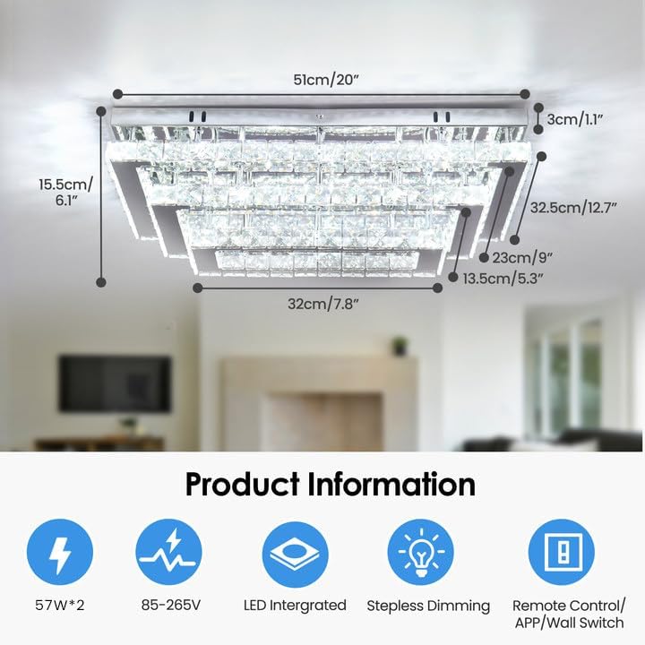 20.07'' Indoor K9 Crystal LED Square Ceiling Light Fixture 3-Tier Rectangular Flush Mounted Chandelier with Switch