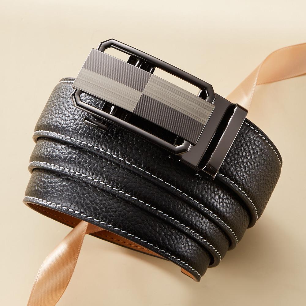 Men's Top Grain Cowhide Leather Belt with Automatic Buckle - Genuine, Casual, Versatile Style