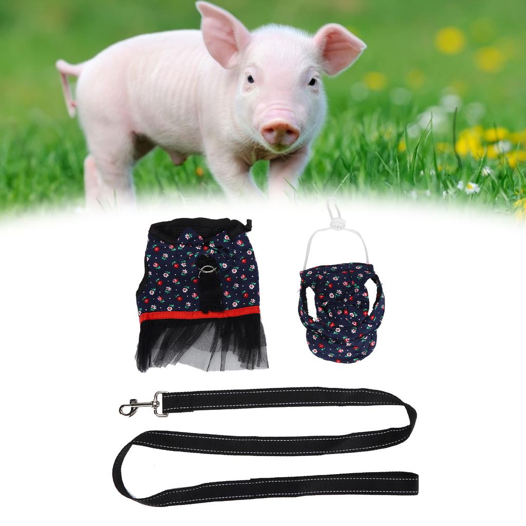 Pet Pig Vest Harness Skrits with Leash Cap Pigs EscapeProof Walking Dress Harness Strap(Blue M)