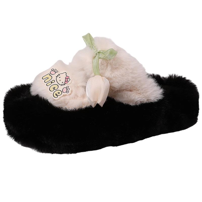 Cute Cartoon Tulip One-word Fluffy Slippers Women's Wear Autumn and Winter Fashion Casual Platform Cotton Slippers Single Shoes
