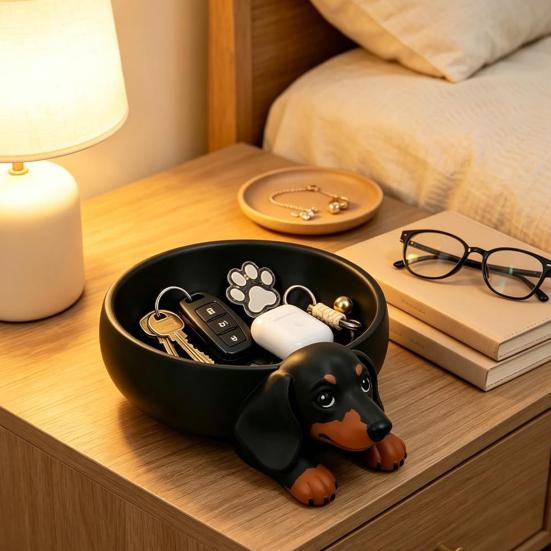 Dackel Aufbewahrungsschale 3D-gedruckte Schale, Harz Hundeförmiger Schreibtisch-Organizer für Schlüssel Schmuck, Dekorative Skurrile Wohnaccessoires Schälchen,