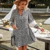 Women Floral Print Mini Dress Casual Loose Waist V-Neck Hollow Out Full Sleeve Above Knee Single Breasted Spring Summer S-XL