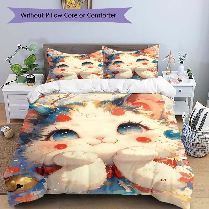 

3pcs Cute Little Cat Quilt Cover Set - Soft & Comfortable Polyester Fabric, All-Season Breathable Comforter Set For 1 Quilt Cover & 2 Pillowcases 135x200cm