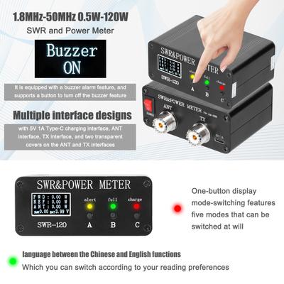 1.8MHz-50MHz 0.5W-120W Short Waves SWR and Power Watt Meter Chinese English Menu Switchable Type-C
