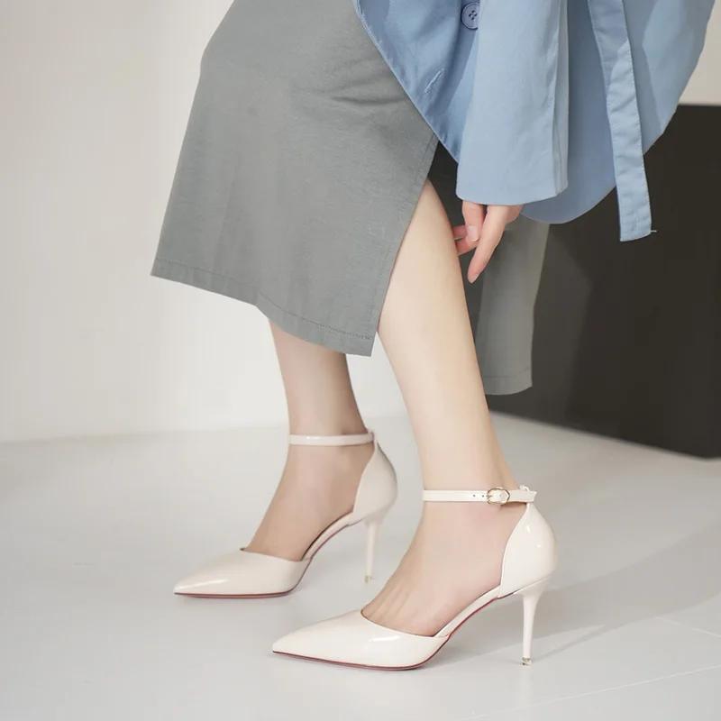 Summer Fashion Ladies Pumps Pointed Toe Patent Leather Buckle High Heeled Sandals Women Career Commuter Wedding Shoes