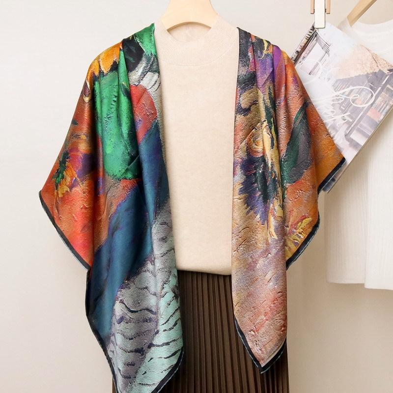 Oil painting print sunflower silk 100% mulberry silk plain crepe satin scarf silk scarf 110cm large square scarf shawl women