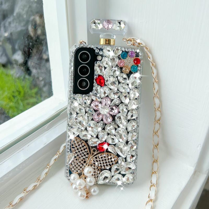 Crossbody Rhinestone Parfume Bottle Shape Pouzdro na telefon Samsung S23 S22 S21 S20 Ultra Note 10 20 Kryt Crystal Flowers pro iphone 11 12 13 14 Pro Max