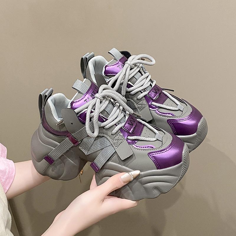 Fashion 7.5CM Women High Platform Sneakers Autumn Winter Lace-up Chunky Shoes Heels Thick Sole Casual Shoes Woman Sport Leather Sneakers