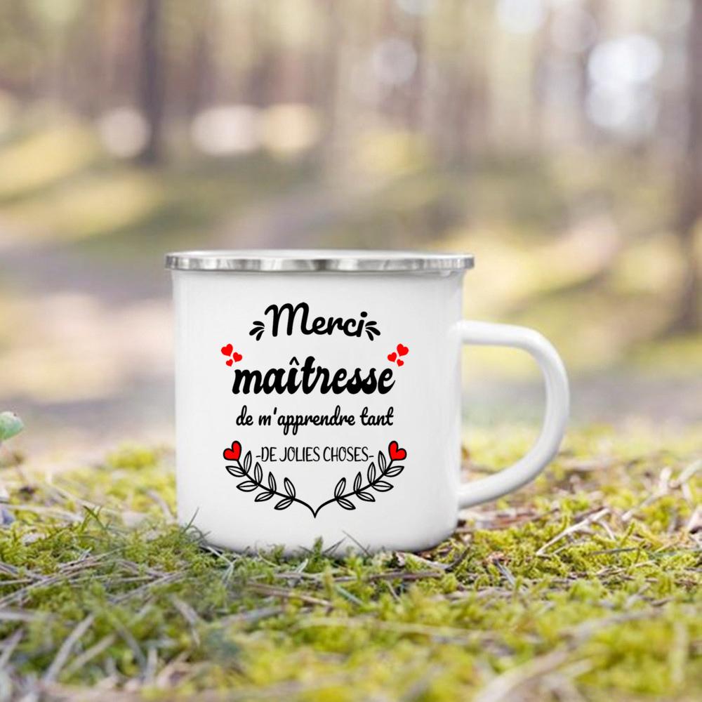 Merci Maitresse French Printed Mug Creative Coffee Cups Drinks Dessert Milk Enamel Cup Vintage Handle Drinkware Gift for Teacher