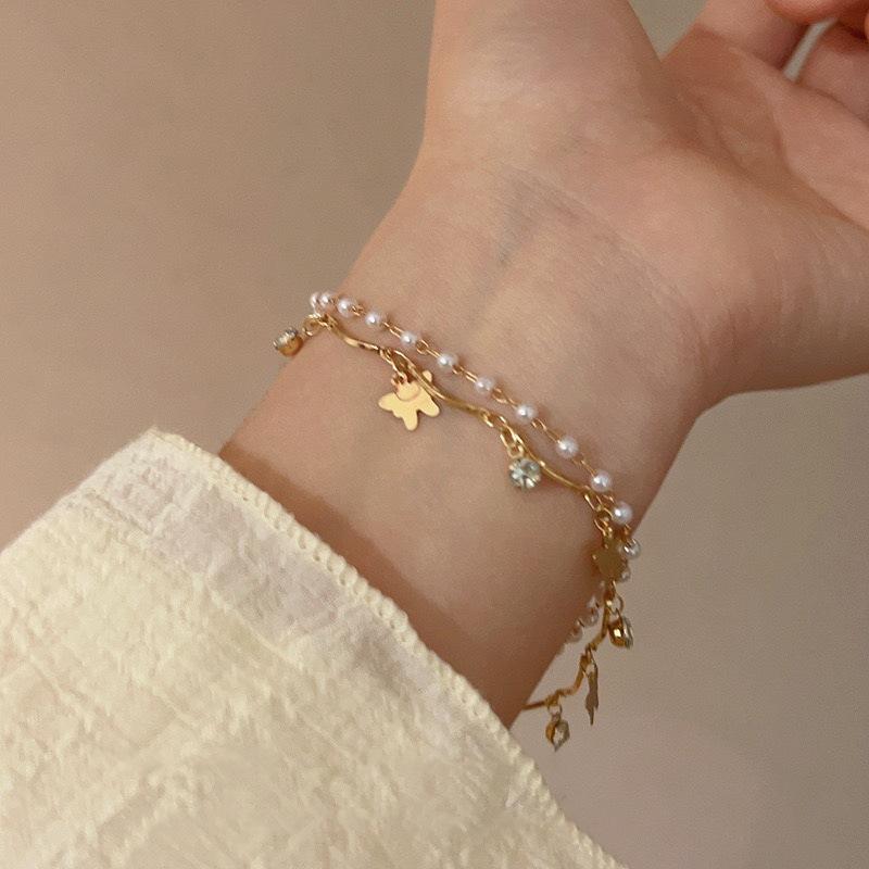 Pure Desire Wind Double Layer Necklace Butterfly Pearl Pendant Women Style Light Luxury Niche Stacked Collarbone Chain