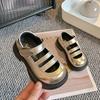 Kids Leather Shoes Round Toes Soild Color Girls Performance Shoes Hollowed-out 2025 Summer New Children Flat Shoes Hook&loop