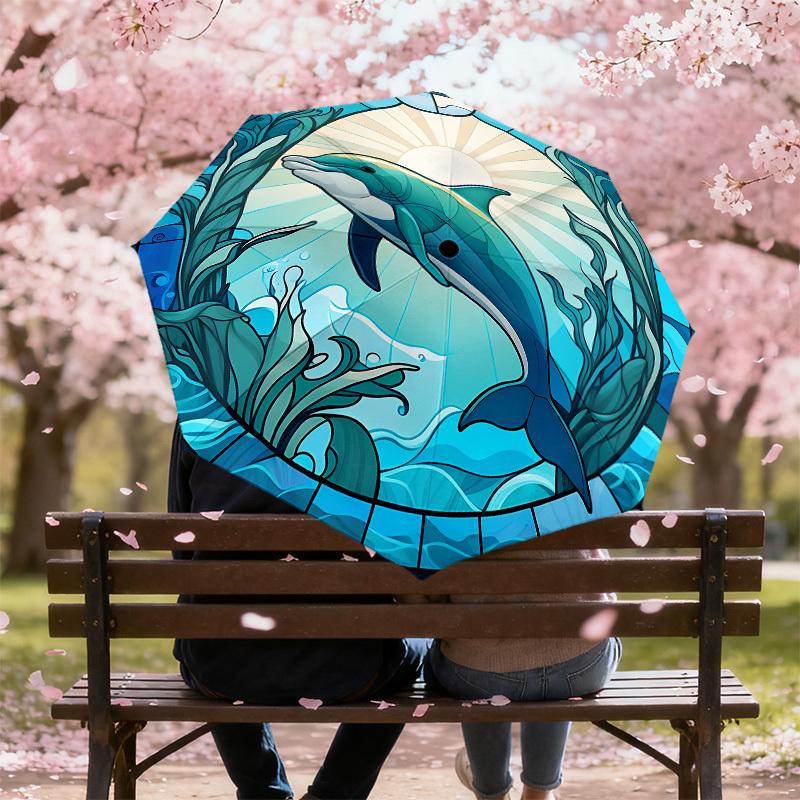 1PC Dolphin Stained Glass Automatic Open/Close Umbrella with Windproof, 8-Rib Sturdy Canopy, Durable Ribs, Fashionable Design,1248A