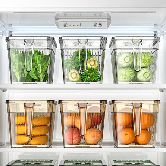 Refrigerator Storage Box with Lid And Handle Built-in Drain Partition Transparent Container for Fruits Vegetables