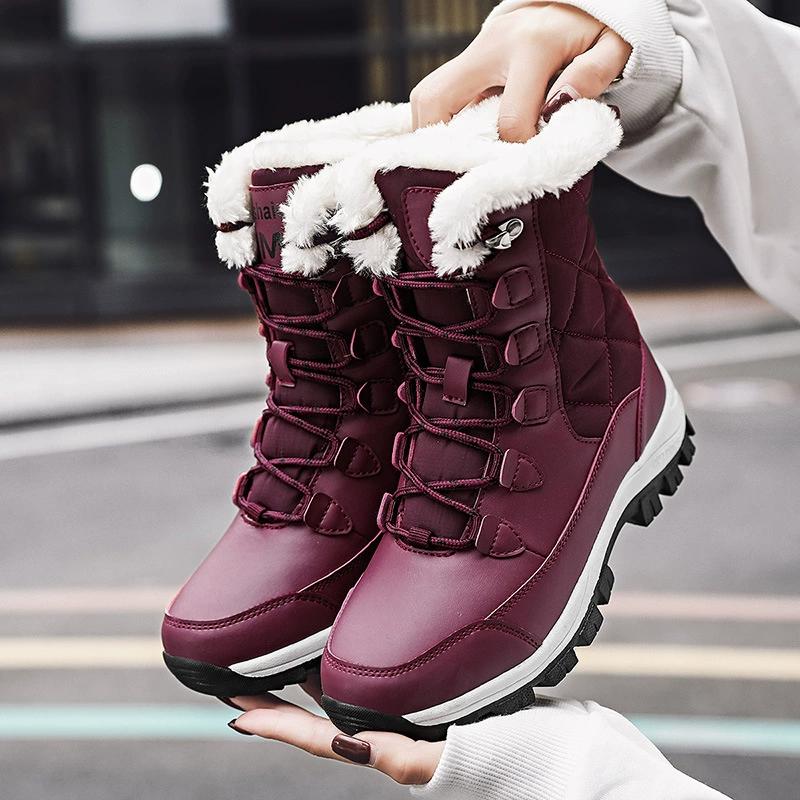 Ladies Autumn Winter Waterproof and Anti Slip Thick Wool Lined High Top Snow Boots with Thick Sole Suitable for Outdoor Activities