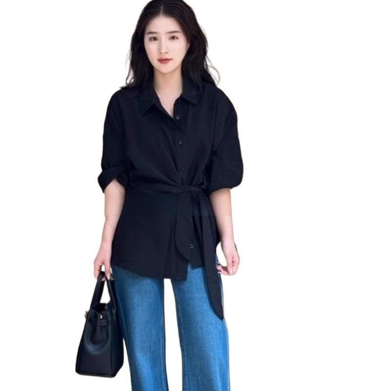 Women's Solid Color Shirt Female Strap Turn-Down Collar Long Sleeves Blouse New Korean Style Versatile Loose Lady Top