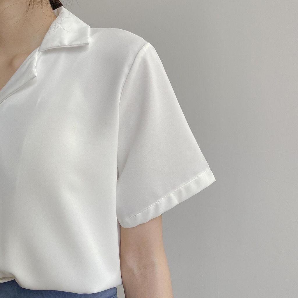 משרד ליידי רטרו קוריאני דש מוצק שרוול קצר חולצה קז'ואל