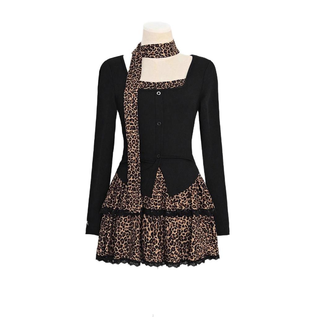 Women's Leopard Print Two-Piece Set: Top with High-Waisted Flare Mini Skirt for Autumn/Winter