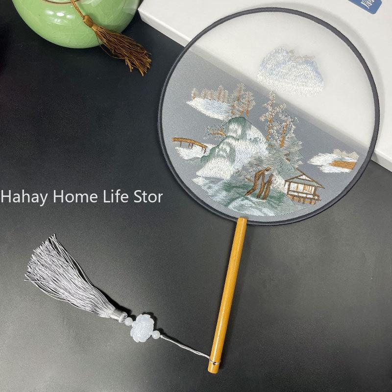 Fashion Chinese Style Wooden Handle Fan Embroidery Flower Girl Gift Portable Home Decor Hand Fans Crafts Dance Fan
