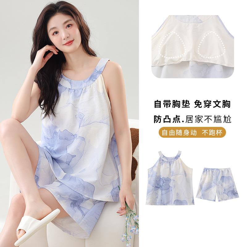 With chest pad vest shorts pajamas women's summer cloud cotton sweet and cute girl style sleeveless loungewear set
