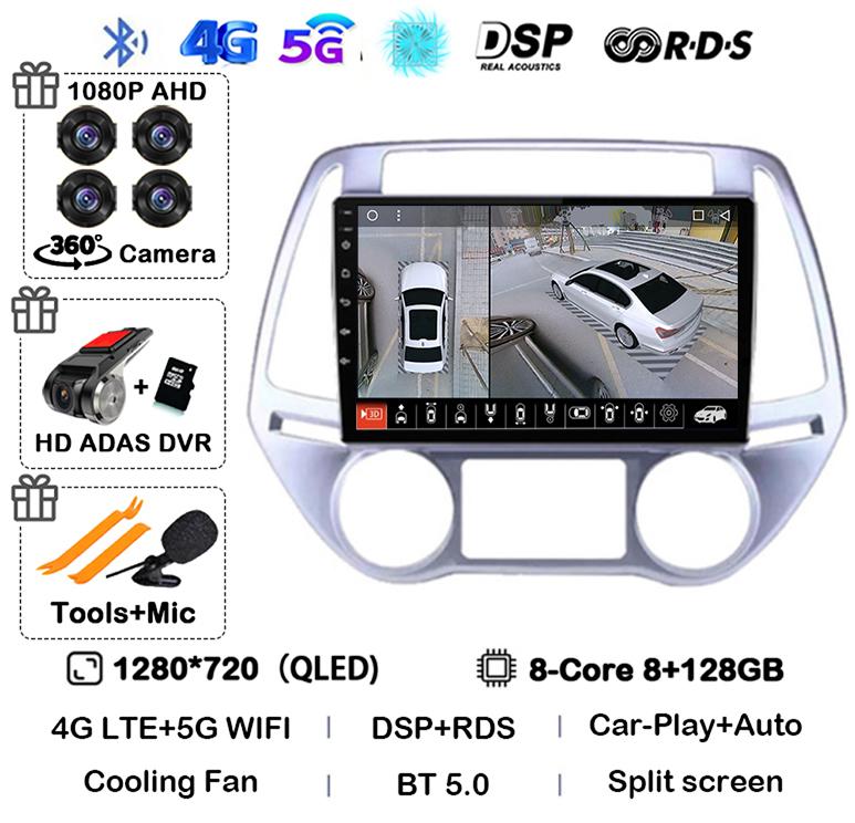 Android 14 Carplay Auto WIFI+4G Car Radio For Hyundai I20 2008 - 2014 Stereo GPS Multimedia Video Player 2 Din DVD 360 Camera BT